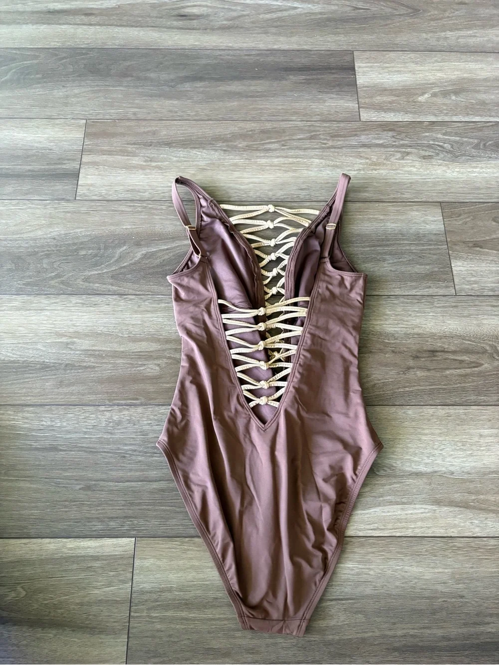 Bleu Rod Beattie Brown One-Piece Swimsuit with Gold Lace-Up Front